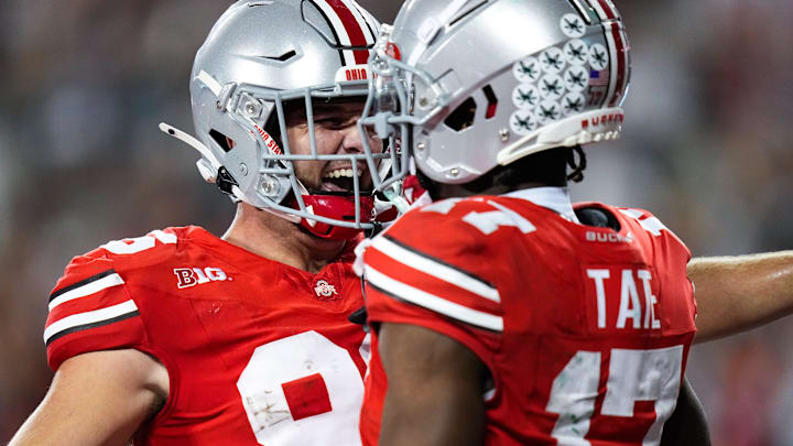 Ohio State Buckeyes tight end Max Klare (86) celebrates with wide receiver Carnell Tate (17) after Tate scored a touchdown in the second half at the Ohio Stadium on Saturday, Sept. 13, 2025 in Columbus, Ohio.
