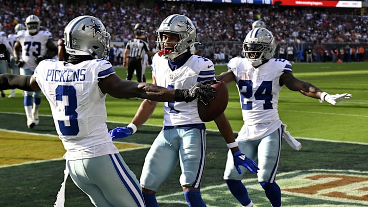 Dallas Cowboys wide receiver George Pickens reacts after scoring a touchdown against the Chicago Bears 