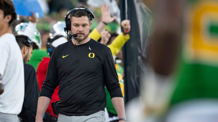 Oregon head coach Dan Lanning looks down during the second half as the Oregon Ducks face the Ohio State Buckeyes Wednesday, Jan. 1, 2025, in the quarterfinal of the College Football Playoff at the Rose Bowl in Pasadena, Calif. Oregon head coach Dan Lanning looks down during the second half as the Oregon Ducks face the Ohio State Buckeyes Wednesday, Jan. 1, 2025, in the quarterfinal of the College Football Playoff at the Rose Bowl in Pasadena, Calif.