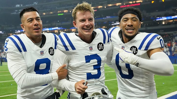 Indianapolis Colts punter Rigoberto Sanchez (8), Indianapolis Colts place kicker Spencer Shrader (3) and Indianapolis Colts safety Cam Bynum (0) celebrate as the leave the field Sunday, Sept. 14, 2025, after a game against the Denver Broncos at Lucas Oil Stadium in Indianapolis. A field goal by Indianapolis Colts place kicker Spencer Shrader (3) won the game for the Indianapolis Colts. Indianapolis Colts punter Rigoberto Sanchez (8), Indianapolis Colts place kicker Spencer Shrader (3) and Indianapolis Colts safety Cam Bynum (0) celebrate as the leave the field Sunday, Sept. 14, 2025, after a game against the Denver Broncos at Lucas Oil Stadium in Indianapolis. A field goal by Indianapolis Colts place kicker Spencer Shrader (3) won the game for the Indianapolis Colts.