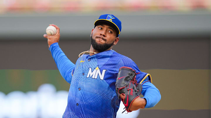 Minnesota Twins pitcher Simeon Woods Richardson (78) pitches against the Oakland Athletics in the first inning at Target Field in Minneapolis on June 14, 2024. 