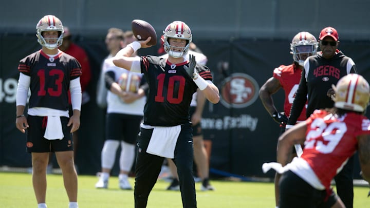 Jun 10, 2025; Santa Clara, CA, USA; San Francisco 49ers quarterback Mac Jones (10) participates in a passing drill during an OTA at Levi's Stadium. Mandatory Credit: D. Ross Cameron-Imagn Images