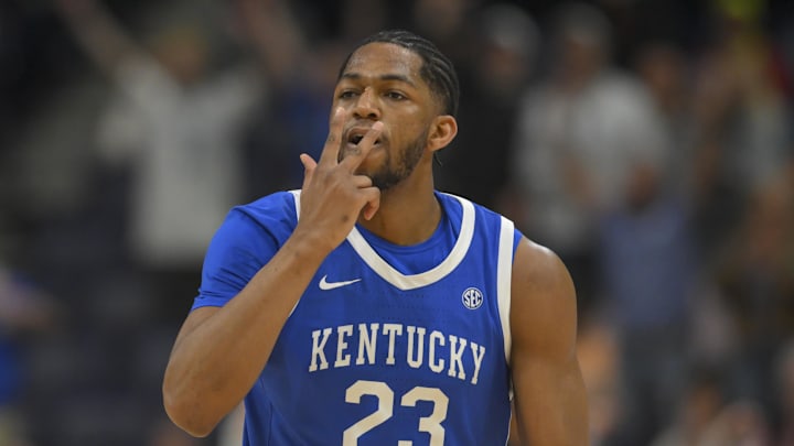 Mar 13, 2026; Nashville, TN, USA;  Kentucky Wildcats forward Mouhamed Dioubate (23) reacts after a made three point basket against the Florida Gators during the first half at Bridgestone Arena. Mandatory Credit: Steve Roberts-Imagn Images