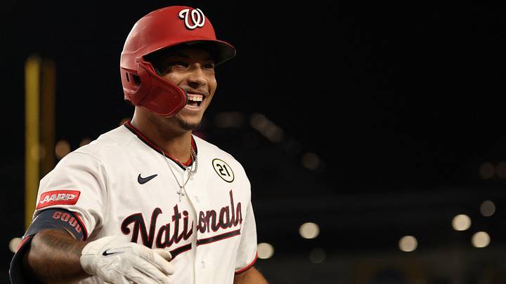 Sep 15, 2026; Washington, District of Columbia, USA; Washington Nationals left fielder Daylen Lile (4) celebrates with teammates after hitting a three run go-ahead home run against the Philadelphia Phillies during the seventh inning at Nationals Park. Mandatory Credit: Geoff Burke-Imagn Images