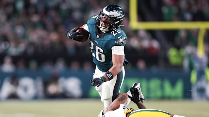 Jan 12, 2025; Philadelphia, Pennsylvania, USA; Philadelphia Eagles running back Saquon Barkley (26) in action against the Green Bay Packers in an NFC wild card game at Lincoln Financial Field. Mandatory Credit: Bill Streicher-Imagn Images