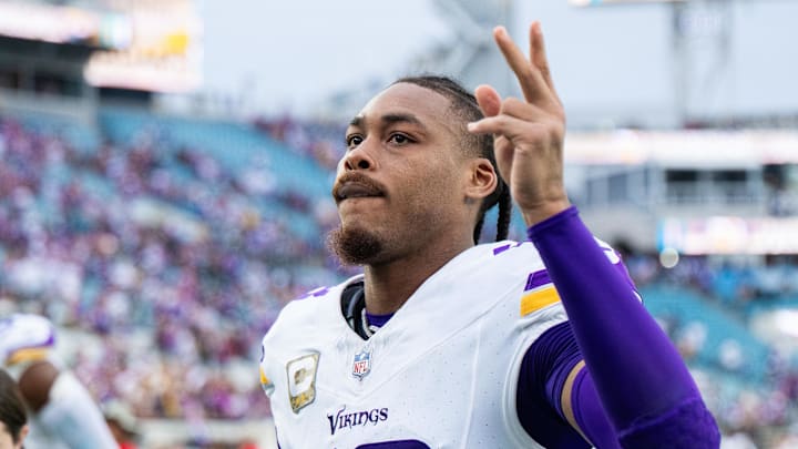 Nov 10, 2024; Jacksonville, Florida, USA; Minnesota Vikings wide receiver Justin Jefferson (18) reacts to the fans after the win over the Jacksonville Jaguars at EverBank Stadium. Mandatory Credit: Jeremy Reper-Imagn Images