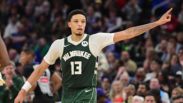 Oct 30, 2025; Milwaukee, Wisconsin, USA;  Milwaukee Bucks guard Ryan Rollins (13) reacts in the 4th quarter against the Golden State Warriors at Fiserv Forum. Mandatory Credit: Benny Sieu-Imagn Images