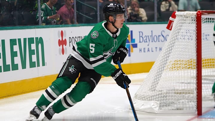 Nils Lundkvist #5 of Dallas Stars skates up ice while...