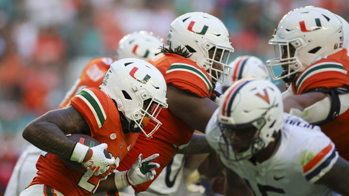 Oct 28, 2023; Miami Gardens, Florida, USA; Miami Hurricanes running back Mark Fletcher Jr. (22) runs