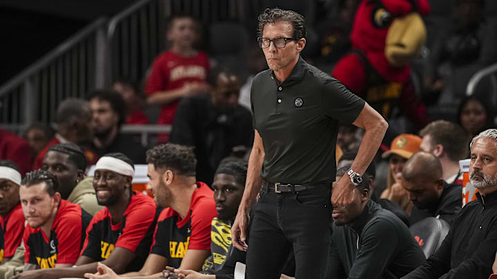 Apr 1, 2025; Atlanta, Georgia, USA; Atlanta Hawks head coach Quin Snyder shown on the sidelines against the Portland Trail Blazers during the first half at State Farm Arena. Mandatory Credit: Dale Zanine-Imagn Images Apr 1, 2025; Atlanta, Georgia, USA; Atlanta Hawks head coach Quin Snyder shown on the sidelines against the Portland Trail Blazers during the first half at State Farm Arena. Mandatory Credit: Dale Zanine-Imagn Images