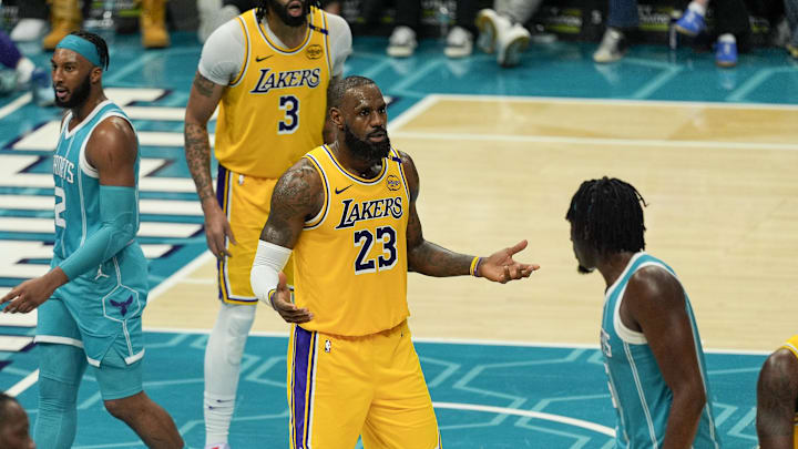 Jan 27, 2025; Charlotte, North Carolina, USA; Los Angeles Lakers forward LeBron James (23) reacts to a call during the second half against the Charlotte Hornets at the Spectrum Center. Mandatory Credit: Jim Dedmon-Imagn Images