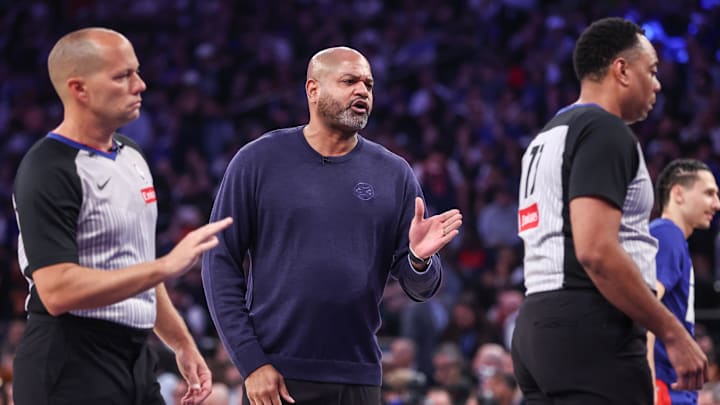Apr 19, 2025; New York, New York, USA;  Detroit Pistons head coach J.B. Bickerstaff argues with the officials in Game One of the First Round of the NBA Playoffs against the New York Knicks at Madison Square Garden. Mandatory Credit: Wendell Cruz-Imagn Images
