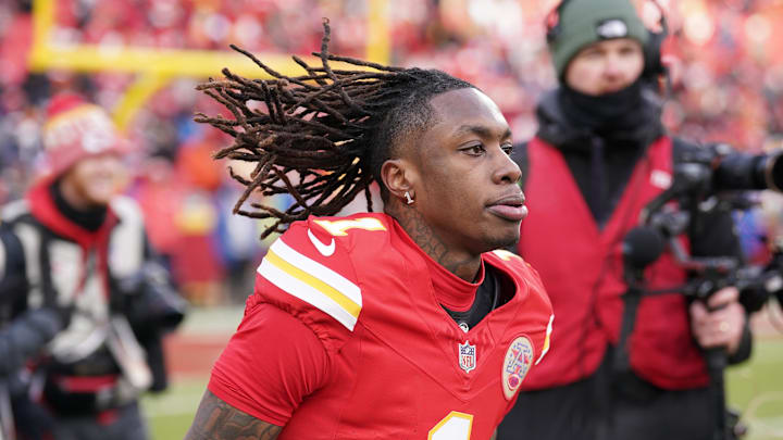 Jan 18, 2025; Kansas City, Missouri, USA; Kansas City Chiefs wide receiver Xavier Worthy (1) warms up against the Houston Texans prior to a 2025 AFC divisional round game at GEHA Field at Arrowhead Stadium. Mandatory Credit: Denny Medley-Imagn Images