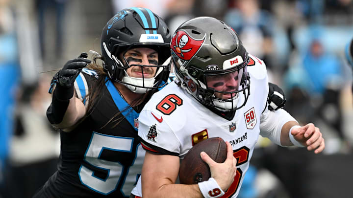 Carolina Panthers linebacker Christian Rozeboom (56) sacks Tampa Bay Buccaneers quarterback Baker Mayfield (6) 