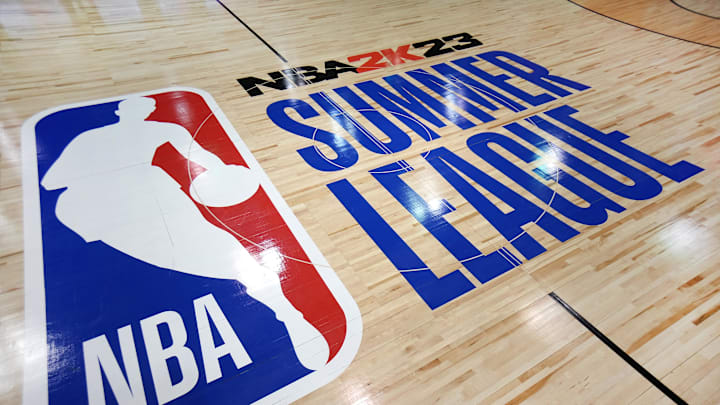 Jul 14, 2022; Las Vegas, NV, USA; Center court of Cox Pavilion is pictured before the start of an NBA Summer League game between the Atlanta Hawks and the San Antonio Spurs. Mandatory Credit: Stephen R. Sylvanie-Imagn Images