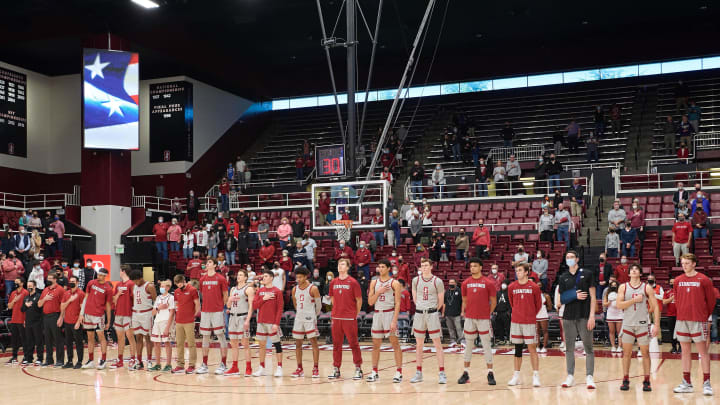 Feb 6, 2022; Stanford, California, USA; The Stanford Cardinal men's basketball team stands for the Feb 6, 2022; Stanford, California, USA; The Stanford Cardinal men's basketball team stands for the