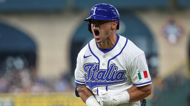 Mar 8, 2026; Houston, TX, United States;  Italy left fielder Dante Nori (16) reacts after hitting an RBI single against Great Britain in the fourth inning at Daikin Park. Mandatory Credit: Thomas Shea-Imagn Images