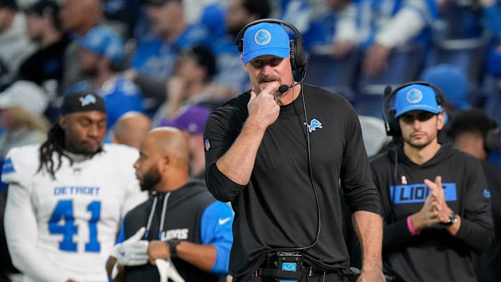 Detroit Lions head coach Dan Campbell walks the sideline Sunday, Nov. 24, 2024, during a game against the Indianapolis Colts at Lucas Oil Stadium in Indianapolis.