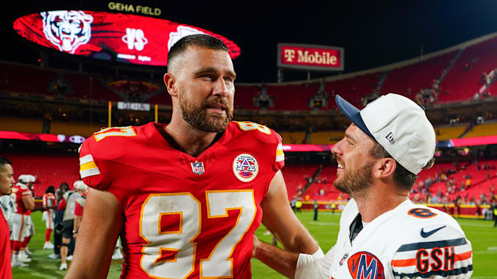 Aug 22, 2025; Kansas City, Missouri, USA; Kansas City Chiefs tight end Travis Kelce (87) talks with Chicago Bears place kicker Cairo Santos (8) after the game at GEHA Field at Arrowhead Stadium. Mandatory Credit: Denny Medley-Imagn Images