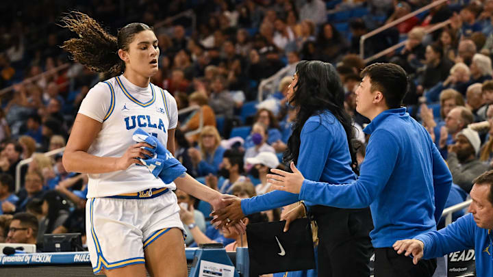 Dec 29, 2024; Los Angeles, California, USA; UCLA Bruins center Lauren Betts (51) heads to the bench during the fourth quarter against the Nebraska Cornhuskers at Pauley Pavilion presented by Wescom. Mandatory Credit: Robert Hanashiro-Imagn Images