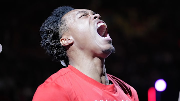 Feb 12, 2025; Toronto, Ontario, CAN; Toronto Raptors forward Scottie Barnes (4) lets out a yell during player introductions before a game against the Cleveland Cavaliers during the first half at Scotiabank Arena. Mandatory Credit: John E. Sokolowski-Imagn Images