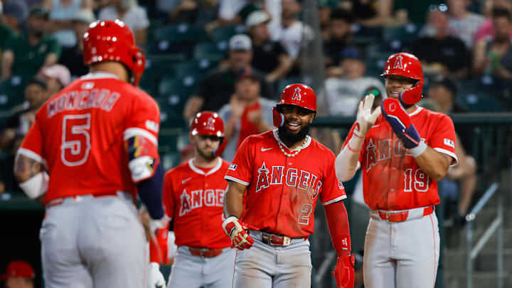 May 20, 2025; West Sacramento, California, USA; Los Angeles Angels second baseman Luis Rengifo (2) smiles as third baseman Yoán Moncada (5) runs the bases after hitting a three run home run during the fifth inning against the Athletics at Sutter Health Park. Mandatory Credit: Sergio Estrada-Imagn Images May 20, 2025; West Sacramento, California, USA; Los Angeles Angels second baseman Luis Rengifo (2) smiles as third baseman Yoán Moncada (5) runs the bases after hitting a three run home run during the fifth inning against the Athletics at Sutter Health Park. Mandatory Credit: Sergio Estrada-Imagn Images