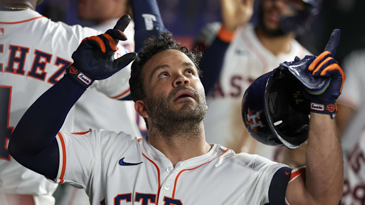 Houston Astros second baseman Jose Altuve (27) reacts to his two run home run against the Texas Rangers in the third inning at Daikin Park. 