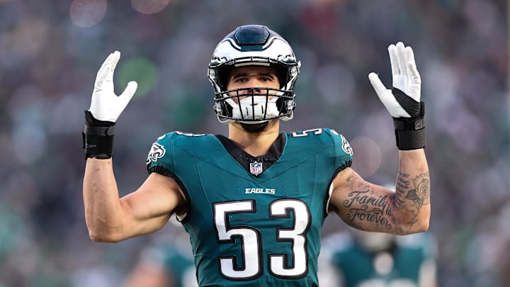 Jan 12, 2025; Philadelphia, Pennsylvania, USA; Philadelphia Eagles linebacker Zack Baun (53) before kick off against the Green Bay Packers in an NFC wild card game at Lincoln Financial Field. Mandatory Credit: Bill Streicher-Imagn Images