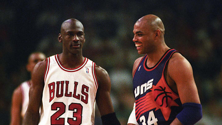 Bulls guard Michael Jordan and Suns forward Charles Barkley face off in the 1993 NBA Finals.