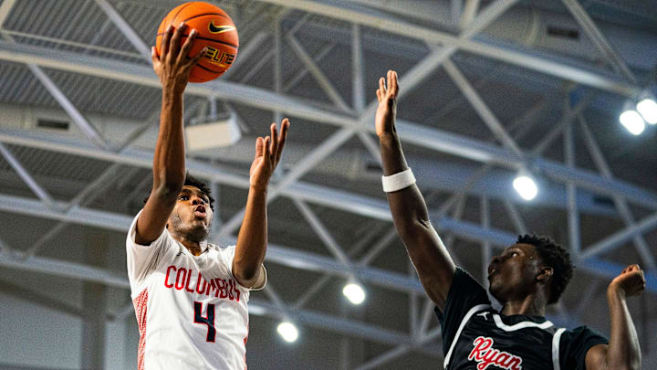 Columbus Explorers guard Jase Richardson (4) goes for a lay up as Archbishop Ryan Raiders center Thomas Sorber tries to block it during the first quarter of a game during the 50th annual City of Palms Classic at Suncoast Credit Union Arena in Fort Myers on Tuesday, Dec. 19, 2023.