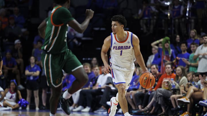 Nov 19, 2024; Gainesville, Florida, USA; Florida Gators guard Walter Clayton Jr. (1) dribbles the ball up the court against the Florida A&M Rattlers during the second half at Exactech Arena at the Stephen C. O'Connell Center. Mandatory Credit: Morgan Tencza-Imagn Images