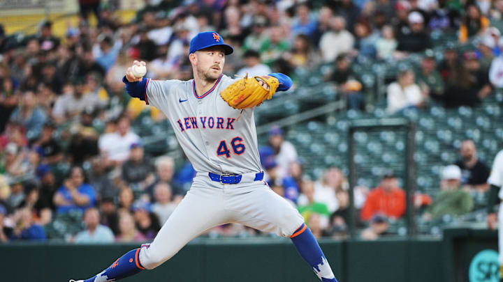 Apr 11, 2025; West Sacramento, California, USA; New York Mets pitcher Griffin Canning (46) throws a pitch against the Oakland Athletics during the first inning at Sutter Health Park. Mandatory Credit: Ed Szczepanski-Imagn Images