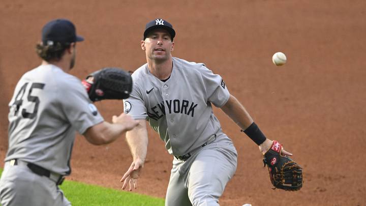 Jun 9, 2026; Cleveland, Ohio, USA; New York Yankees first baseman Paul Goldschmidt (48) tosses the ball to starting pitcher Gerrit Cole (45) in the second inning against the Cleveland Guardians at Progressive Field. Mandatory Credit: David Richard-Imagn Images Jun 9, 2026; Cleveland, Ohio, USA; New York Yankees first baseman Paul Goldschmidt (48) tosses the ball to starting pitcher Gerrit Cole (45) in the second inning against the Cleveland Guardians at Progressive Field. Mandatory Credit: David Richard-Imagn Images