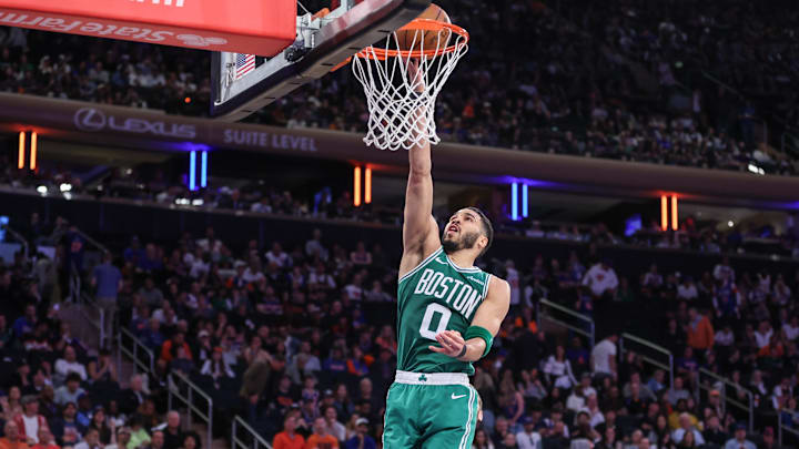May 10, 2025; New York, New York, USA; Boston Celtics forward Jayson Tatum (0) drives to the basket in the fourth quarter against the New York Knicks during game three of the second round for the 2025 NBA Playoffs at Madison Square Garden. Mandatory Credit: Wendell Cruz-Imagn Images