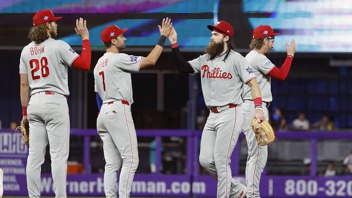 May 3, 2026; Miami, Florida, USA; The Philadelphia Phillies celebrate their win against the Miami Marlins following the game at loanDepot Park.