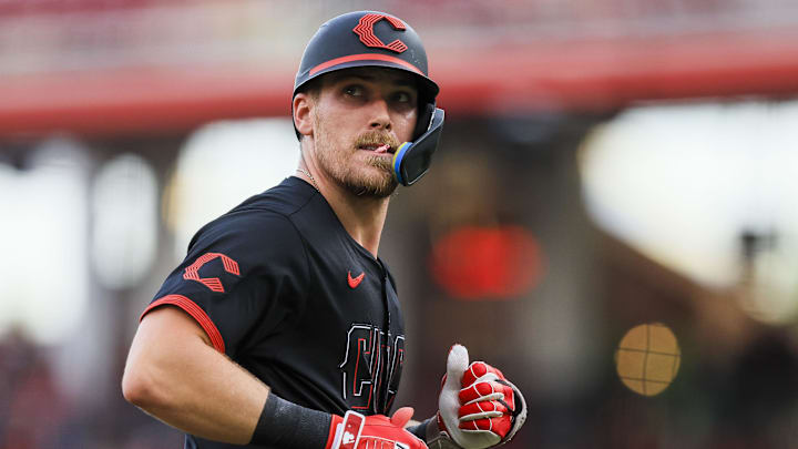 Sep 20, 2024; Cincinnati, Ohio, USA; Cincinnati Reds catcher Tyler Stephenson (37) runs the bases after hitting a solo home run in the first inning against the Pittsburgh Pirates at Great American Ball Park. Mandatory Credit: Katie Stratman-Imagn Images
