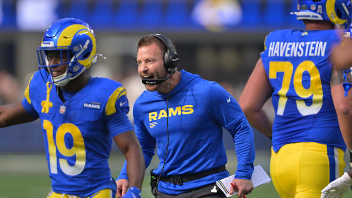 Nov 2, 2025; Inglewood, California, USA; Los Angeles Rams head coach Sean McVay reacts after a touchdown by his team against the New Orleans Saints during the first half at SoFi Stadium. Mandatory Credit: Jayne Kamin-Oncea-Imagn Images