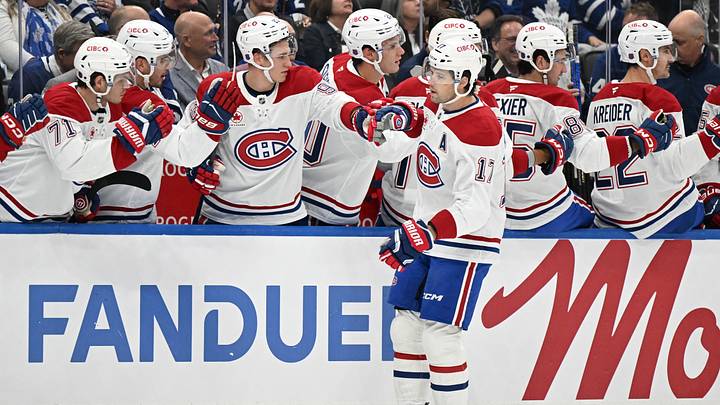 Sep 29, 2026; Toronto, Ontario, CAN;  Montreal Canadiens forward Josh Anderson (17) celebrates with team mates at the bench after scoring against the Toronto Maple Leafs in the first period at Scotiabank Arena.  Mandatory Credit: Dan Hamilton-Imagn Images