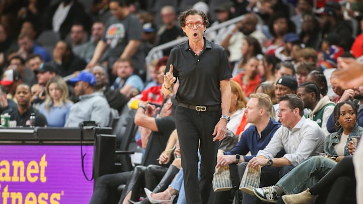 Feb 27, 2024; Atlanta, Georgia, USA; Atlanta Hawks head coach Quin Snyder talks to a player against