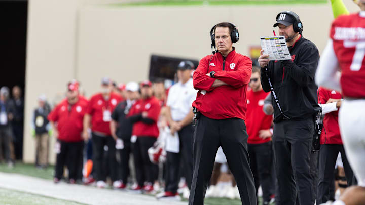 Nov 9, 2024; Bloomington, Indiana, USA; Indiana Hoosiers head coach Curt Cignetti looks on in the game against the Michigan Wolverines at Memorial Stadium. Mandatory Credit: Trevor Ruszkowski-Imagn Images