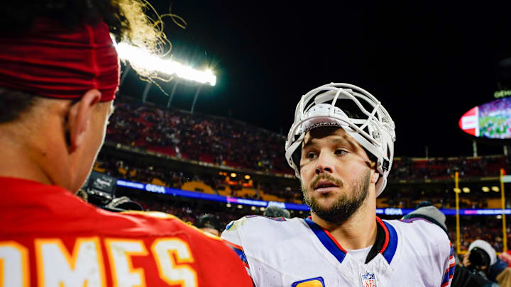 Dec 10, 2023; Kansas City, Missouri, USA; Buffalo Bills quarterback Josh Allen (17) talks with Kansas City Chiefs quarterback Patrick Mahomes (15) after a game  at GEHA Field at Arrowhead Stadium. Mandatory Credit: Jay Biggerstaff-Imagn Images