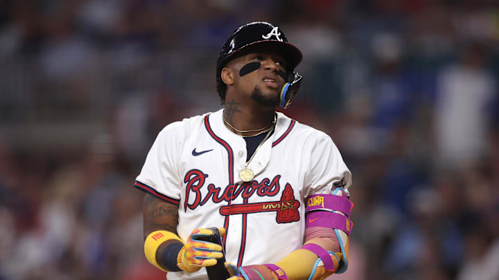 Jul 15, 2025; Cumberland, Georgia, USA; National League outfielder Ronald Acuna Jr. (13) of the Atlanta Braves reacts in the third inning during the 2025 MLB All Star Game at Truist Park. Mandatory Credit: Brett Davis-Imagn Images