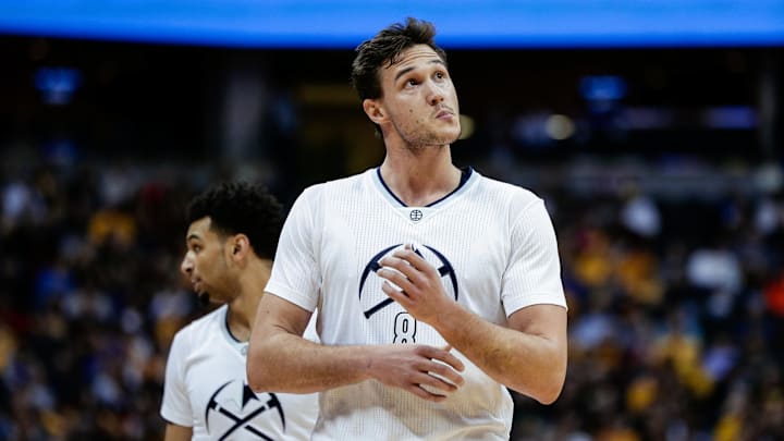 Mar 13, 2017; Denver, CO, USA; Denver Nuggets forward Danilo Gallinari (8) reacts in the first quarter against the Los Angeles Lakers at the Pepsi Center. Mandatory Credit: Isaiah J. Downing-Imagn Images