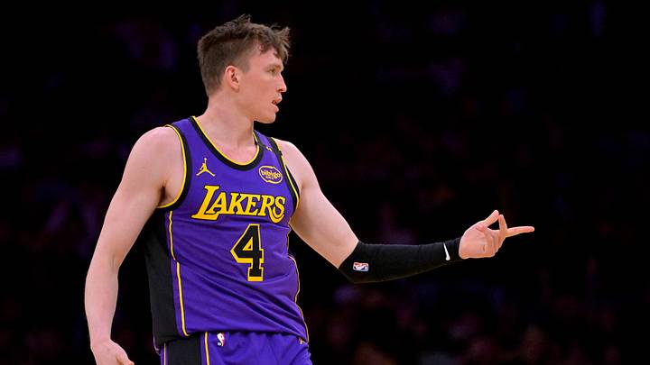 Apr 4, 2025; Los Angeles, California, USA; Los Angeles Lakers guard Dalton Knecht (4) reacts after a 3-point basket in the first half against the New Orleans Pelicans at Crypto.com Arena. Mandatory Credit: Jayne Kamin-Oncea-Imagn Images Apr 4, 2025; Los Angeles, California, USA; Los Angeles Lakers guard Dalton Knecht (4) reacts after a 3-point basket in the first half against the New Orleans Pelicans at Crypto.com Arena. Mandatory Credit: Jayne Kamin-Oncea-Imagn Images