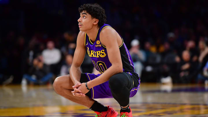Jan 11, 2024; Los Angeles, California, USA; Los Angeles Lakers guard Max Christie (10) reacts during the second half at Crypto.com Arena. Mandatory Credit: Gary A. Vasquez-USA TODAY Sports