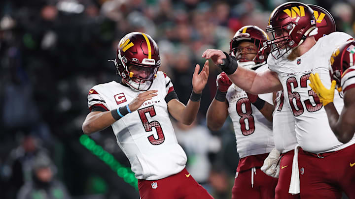 Jan 26, 2025; Philadelphia, PA, USA; Washington Commanders quarterback Jayden Daniels (5) celebrates after a play against the Philadelphia Eagles during the second half in the NFC Championship game at Lincoln Financial Field. Mandatory Credit: Bill Streicher-Imagn Images Jan 26, 2025; Philadelphia, PA, USA; Washington Commanders quarterback Jayden Daniels (5) celebrates after a play against the Philadelphia Eagles during the second half in the NFC Championship game at Lincoln Financial Field. Mandatory Credit: Bill Streicher-Imagn Images