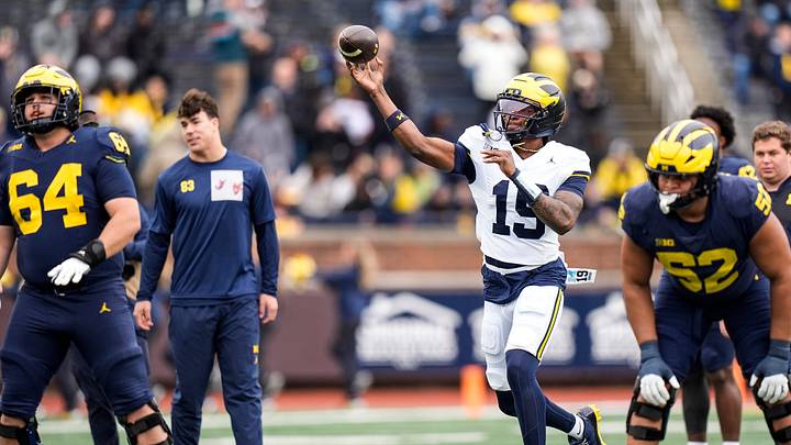 Michigan quarterback Bryce Underwood (19) makes a pass at warm up before the spring game at Michigan Stadium in Ann Arbor on Saturday, April 18, 2026. Michigan quarterback Bryce Underwood (19) makes a pass at warm up before the spring game at Michigan Stadium in Ann Arbor on Saturday, April 18, 2026.