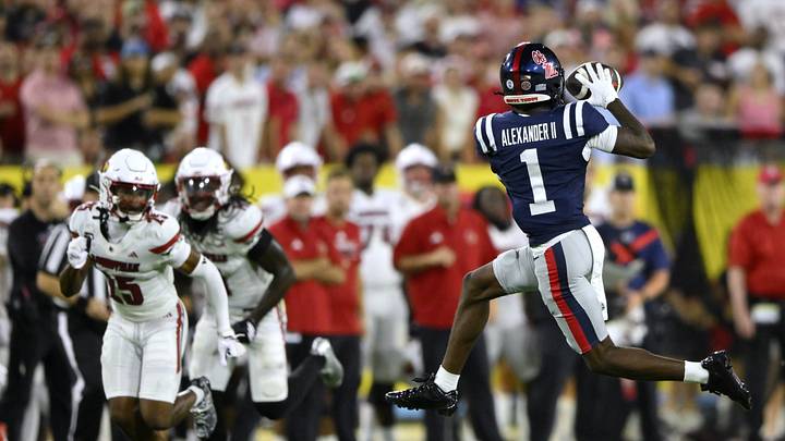 Sep 6, 2026; Nashville, Tennessee, USA; Mississippi Rebels wide receiver Deuce Alexander (1) scores a touchdown on a 62-yard catch and against the Louisville Cardinals during the third quarter at Nissan Stadium. Mandatory Credit: Steve Roberts-Imagn Images Sep 6, 2026; Nashville, Tennessee, USA; Mississippi Rebels wide receiver Deuce Alexander (1) scores a touchdown on a 62-yard catch and against the Louisville Cardinals during the third quarter at Nissan Stadium. Mandatory Credit: Steve Roberts-Imagn Images
