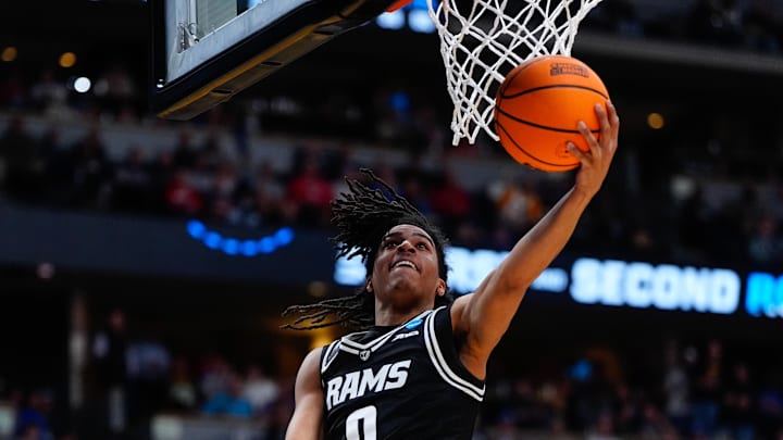 Mar 20, 2025; Denver, CO, USA; VCU Rams guard Brandon Jennings (0) shoots the ball against the Brigham Young Cougars during the second half in the first round of the NCAA Tournament at Ball Arena. Mandatory Credit: Ron Chenoy-Imagn Images
