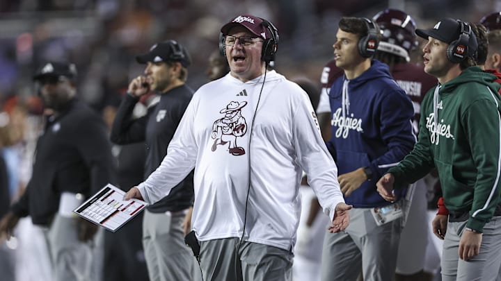 Nov 30, 2024; College Station, Texas, USA; Texas A&M Aggies head coach Mike Elko reacts during the third quarter against the Texas Longhorns at Kyle Field. Mandatory Credit: Troy Taormina-Imagn Images